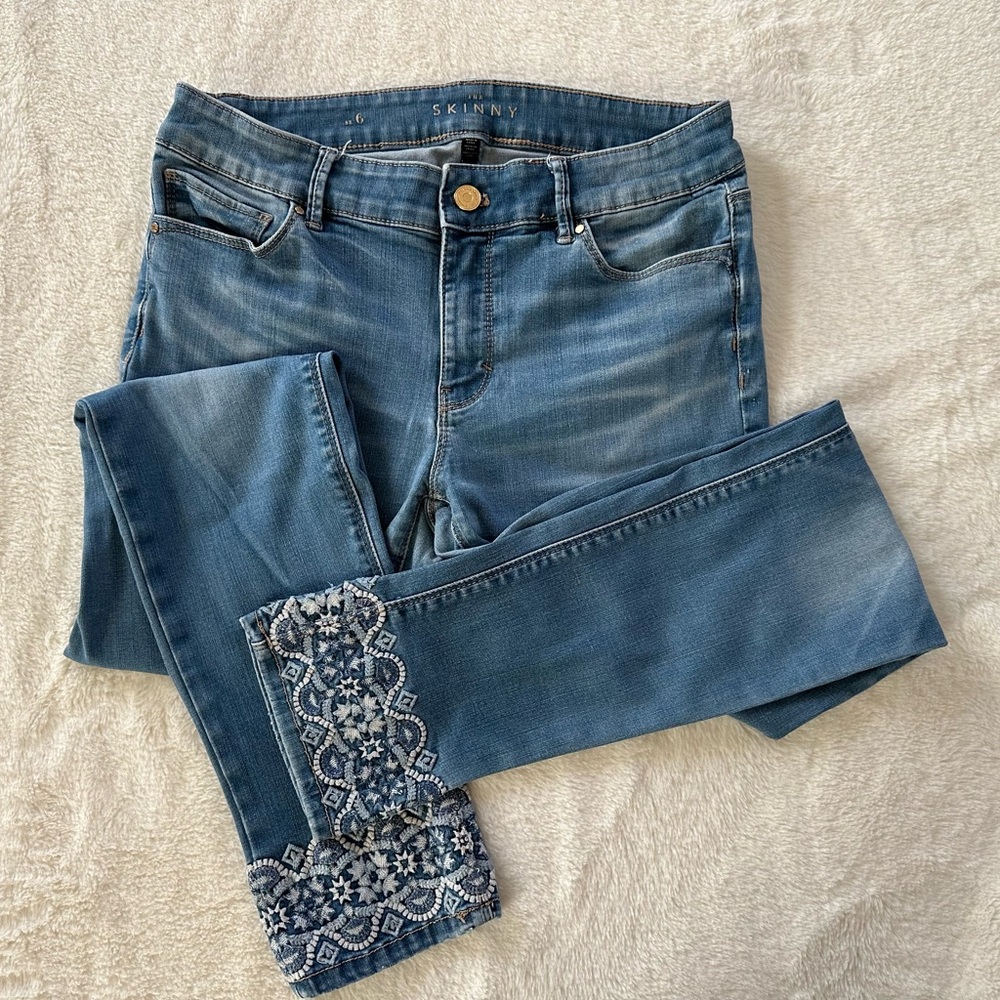 White House Black Market Blue Embroidered Skinny Jeans